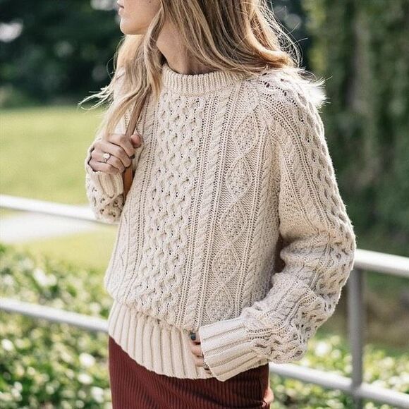 LL Bean Signature Cotton Fisherman’s Crewneck Sweater in Natural/Cream Size S - Picture 1 of 6